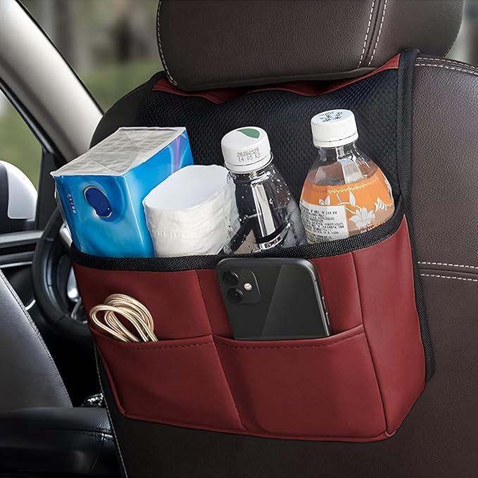 Car Seat Back Organizer, Multipurpose Leather Vehicle Backseat Hanging Bag Holder with Pockets, Large Capacity Automotive Interior Storage Box Accessories, Universal Fit (Wine Red)