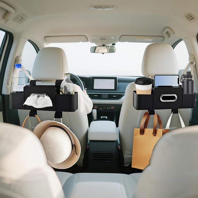 4-in-1 Back Seat Car Organizer with Extra Large Capacity, 2 Cup Holders, Tissue Box Dispenser & Storage Hook for Phone, Snacks, Toys(Black)