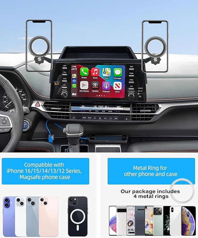 Car Phone Holder for Toyota Sienna 2021-2024 Accessories Magnetic Cell Phone Mount Apply to 9 Inch Screen Fixed Clip Hands-Free 360 Degree Rotation with Dashboard Storage Tray