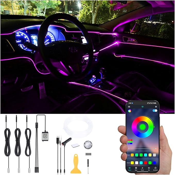 Car Interior Strip Lights, 3 in 1 Multicolor RGB Car Ambient Lighting Kit, 4m Fiber Optic EL Neon Tube Light, DIY Mode Music Sync APP Control DC 12V