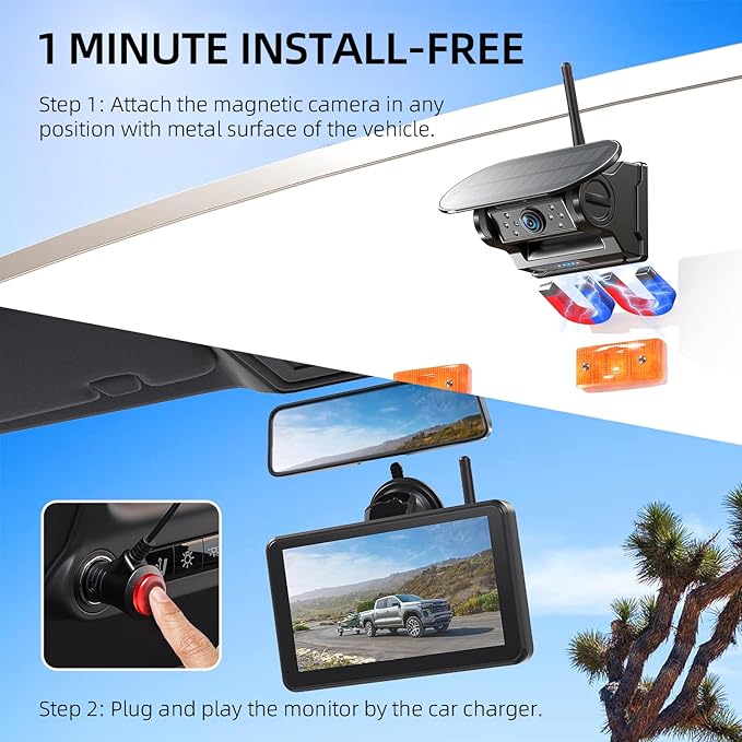 eRapta Dual Magnetic Solar Wireless Backup Cameras: HD1080P 7” Touchscreen Portable with DVR, BSD, 1-Min Install-Free IR Night Vision Hitch Backup Camera for Trailer/Truck/Small RV/Camper/Tractor