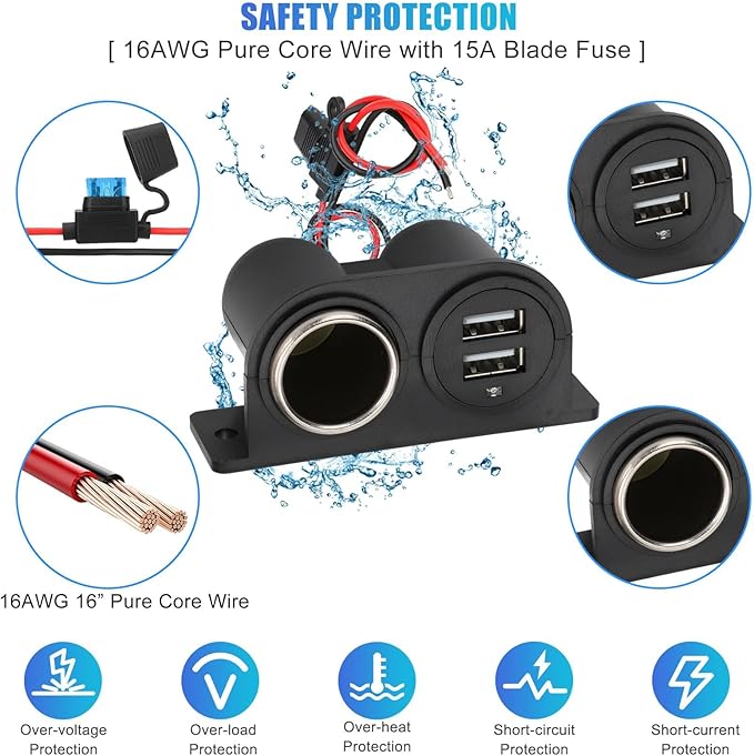 2PCS Dual USB Outlet Cigarette Lighter Socket Splitter with Blade Fuse, 12V 4.2A Car Charger Power Adapter Replacement Waterproof Plug Female 21W for RV Marine Boat Motorcycle Truck ATV UTV Van etc