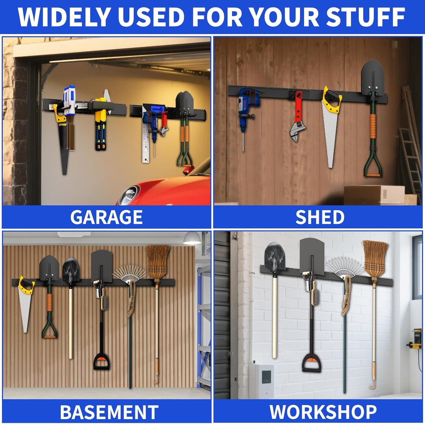 Garage Organization Tool Organizer Wall Mount, 48inch Heavy Duty Garden Tool organizer Storage System, Easy Install With 9 Adjustable Hooks, For Garage, Basement, Shed, Workshop(Black)