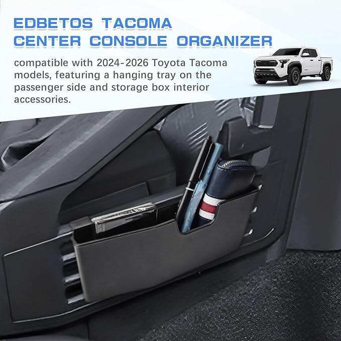 EDBETOS Tacoma Center Console Organizer Compatible with 2024 2025 2026 Toyota Tacoma Hanging Tray Passenger Side Storage Box Interior Accessories, Upgrade Your Interior with Smart Storage, ABS Black
