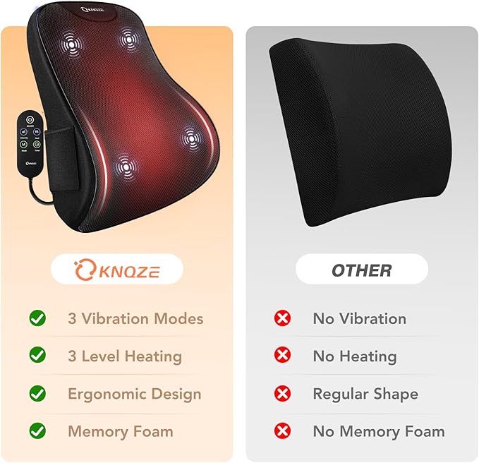 KNQZE Lumbar Support Pillow for Office Chair, Heated Back Support Pillow with Vibration, Back Massage for Pain Relief, 3 Heating Levels & 4 Motors & 3 Intensities, at Home Office Car Sofa - Black