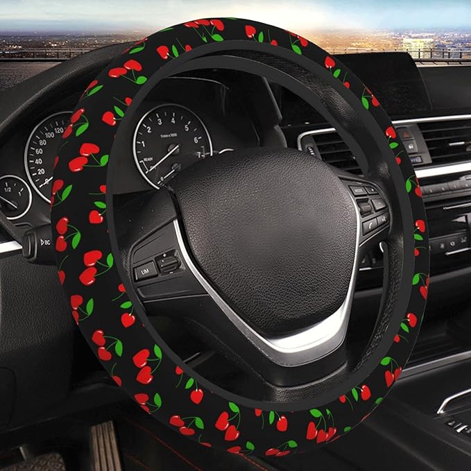 Red Hearts Cherry Steering Wheel Cover for Men Women Universal Car Accessories 15 Inch Neoprene Auto Interior Decor