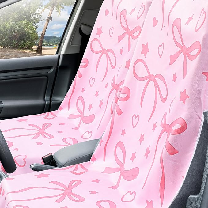 2 Pack Car Seat Towel Covers with Storage Bag 63 x 32 Inch Athletic Running Towel Seat Sweat Washable Non Slip Cover Gift for Car Outdoor Sport Activities (Pink Bow)