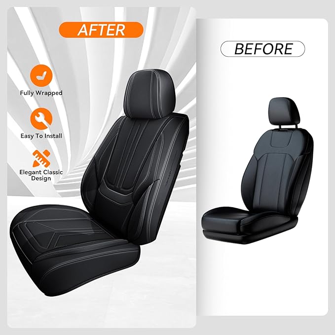 Car Seat Covers, Premium Leather Car Seat Covers, Waterproof and Breathable Seat Covers, Universal Car Seat Protector Fit for Cars, Trucks, SUVs, Pick-ups (Black, 2 PCS Front Seat)