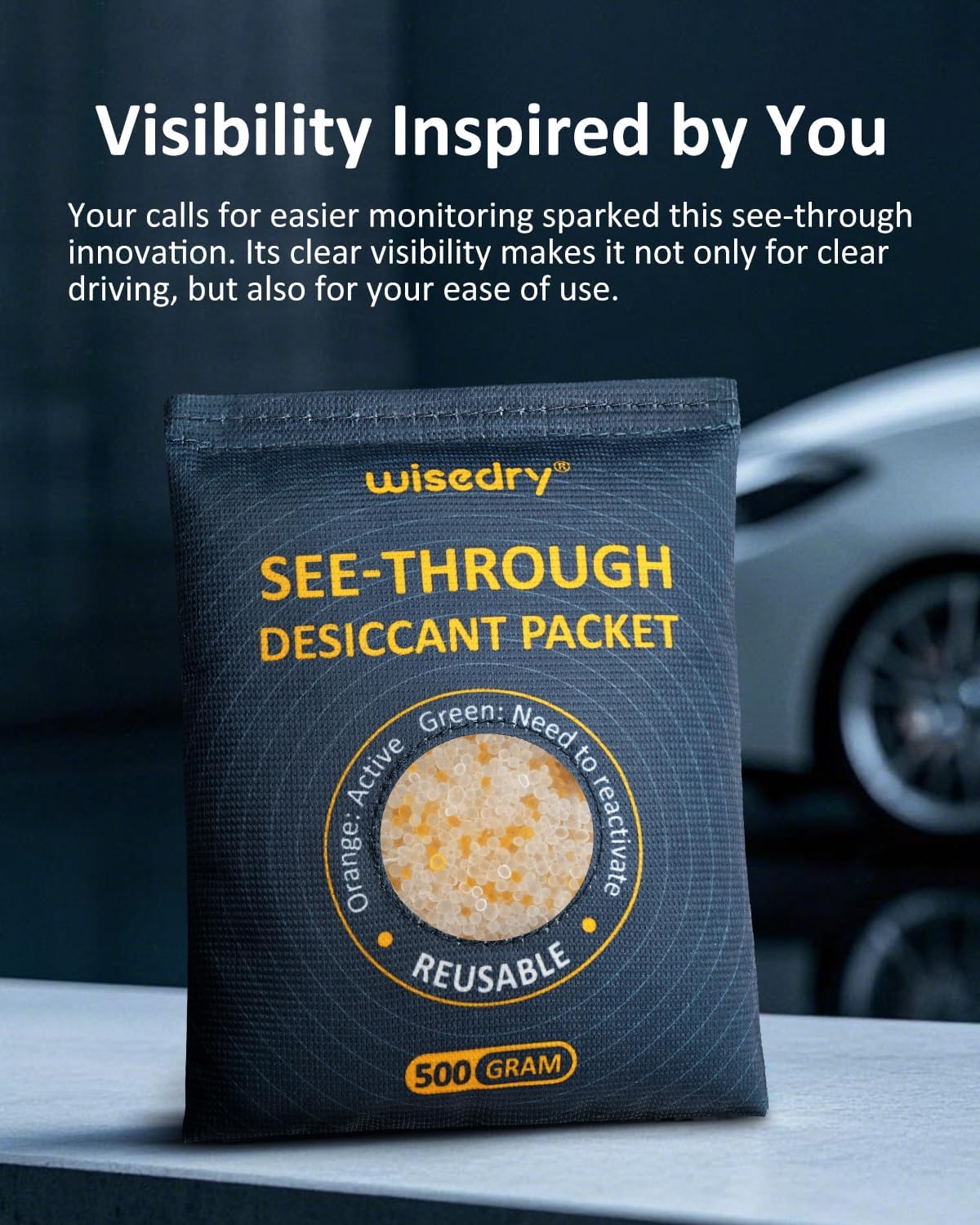 wisedry 4 x 500 Gram See-Through Silica Gel Car Dehumidifier Packets, Color-Indicating Desiccant Packs for Storage, Reusable Safe Dehumidifier, Heat Resistant Dehumidifier Bags