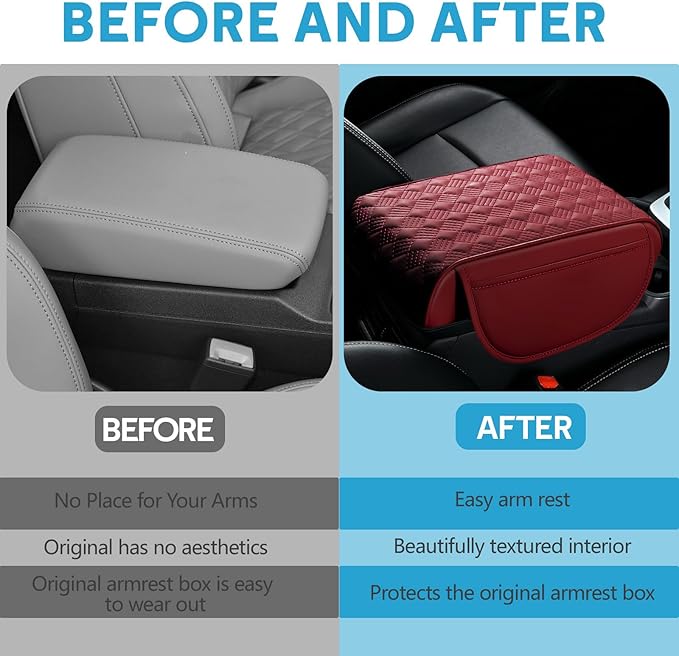 wuyaoyao Car Center Console Cover, 12.2"×8.27"×1.97" Leather Center Console Protector, Auto Armrest Pad with 2 Storage Pocket, Universal Armrest Cover Cushion for Most Cars, Trucks, SUVs (Red)