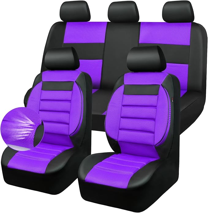CAR PASS Leather 3D Foam Back Support Car Seat Covers Full Set Air Mesh Automotive Seat Covers, All Season Car Seat Cover Fit Automotive,SUV,Sedan,Van, Airbag Compatible Elegance (Black Purple)