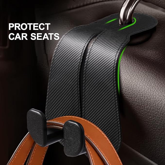 CoBak Extra Wide Car Seat Back Hooks, Premium Stitched Leather Headrest Hangers with Wide Slot Structure, Universal for Any-Width Purses, Handbags, Bags (2 Pack), Carbon Fiber Black
