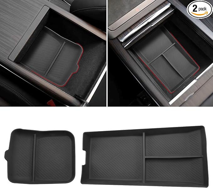 Jaronx Compatible with Tesla Model S/X Center Console Organizer 2021-2026, Silicone Console Organizer Armrest Storage Box Bottom Tray for Model S/X Accessories Plaid/Long Range(2PCS)