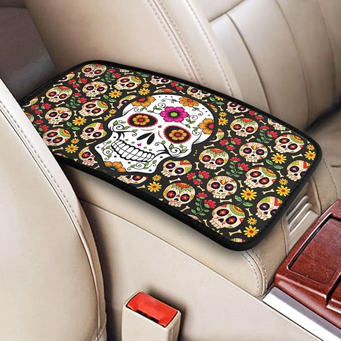 Universal Car Center Console Cushion Pad, Sugar Skull Soft Waterproof Car Center Console Cover Auto Armrest Seat Box Cover Protector for Most Vehicle SUV Truck Car