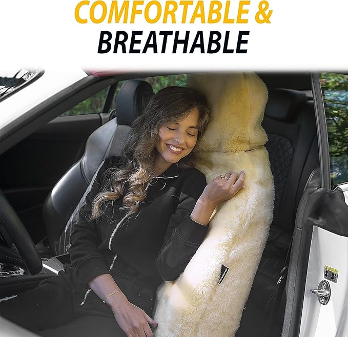 ZONETECH Sheepskin Seat Covers Fuzzy Car Seat Covers Ivory Australian Merino Wool Fluffy Fur Auto Accessories All Season Protection for Your Seats Universal Fits Most Car SUV Airbag Compatible 2-Pack