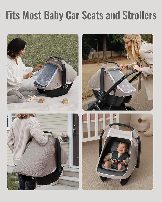 Blissful Diary Baby Car Seat Cover, Extra Large Mesh Window, Breathable Muslin Cotton, Infant Windproof Canopy, Agreeable Gray
