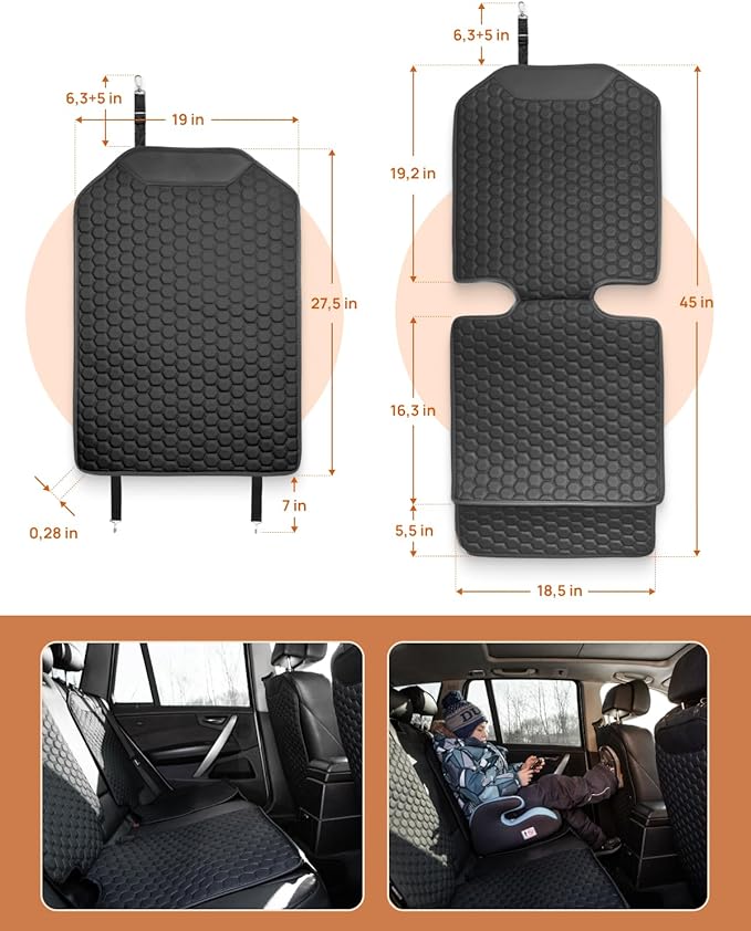 Owleys Set Seat Back Organizer & Car Seat Protector Hexy Waterproof & Non-Slip Protector for Child Car Cushion for Leather and Fabric Seats (Black Set 2)