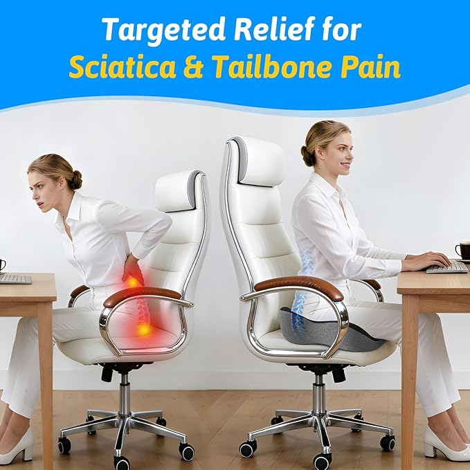 Seat Cushion for Tailbone & Sciatica Pain Relief - Plush Yet Supportive Ergonomic Memory Foam Chair Cushions for Office Chair, Car, Wheelchair,Airplane & Long Sitting