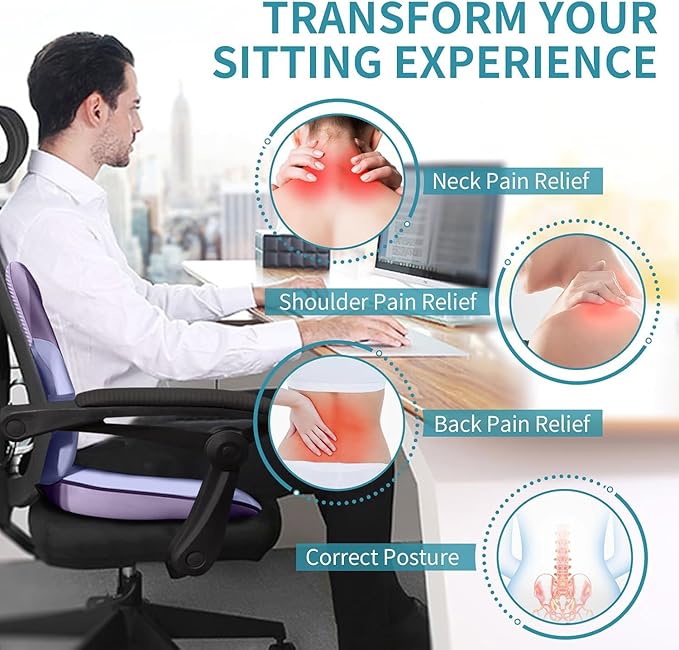 FLORICH Seat Cushion and Lumbar Support Pillow for Office Chair Car Neck Headrest Pillow 100% Memory Foam Seat Pads Pressure Relief Back Cushion and Carseat Pads(Purple)