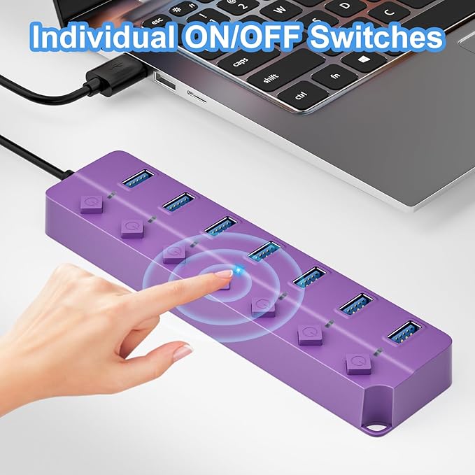 ONFINIO USB Hub 3.0, 7-Port USB Hub Splitter with Individual On/Off Switches and Lights, 3.2ft/1m Long Cable Compatible with MacBook, Laptop, Surface Pro, PS4, PC, Flash Drive, Mobile HDD-Purple