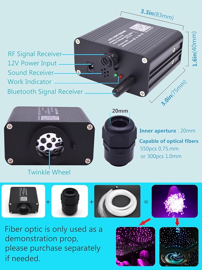 Twinkle 16W Mini Bluetooth APP Control Music Sync Fiber Optic Light Source RGBW Light Box Engine Diver for Car Starlight Headliner Home Indoor Star Ceiling Decoration
