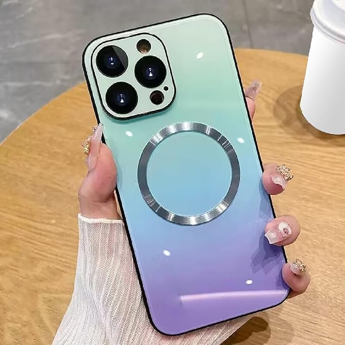 Guppy Compatible with iPhone 15 Pro Case Magnetic, with Full Camera Lens Protector [Compatible with MagSafe] Scratch Resistant Gradient Glass Back Cover Phone Case-Blue