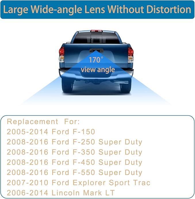 Rear View Camera, w/Tailgate Handle, Compatible with 2005-2014 Ford F150, 2008-2016 F250 F350 F450 F550 Super Duty, 2007-2010 Explorer, 170° Viewing Angle, Backup Camera Kit, Back Up Reverse Camera