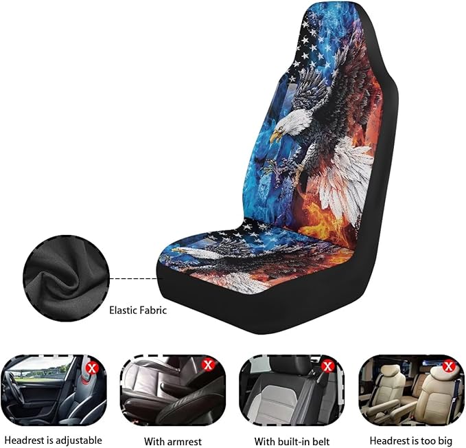 ELEQIN Smoke Eagle US Flag Car Front Seat Covers, 2 Pack Polyester Automotive Seat ProtectorsSoft & Breathable, Automotive Interior Accessories for Most Cars