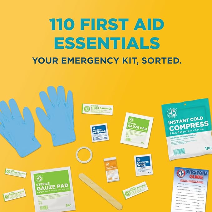 Be Smart Get Prepared 110 pc First Aid Kit: Clean, Treat, Protect Minor Cuts, Home, Office, Car, School, Business, Travel, Emergency, Outdoor, Camping & Sports, FSA/HSA (Packaging may vary)