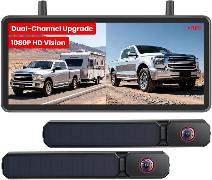 AUTO-VOX 2 Solar Wireless Backup Camera: Dual Cameras for Wider Coverage,DVR Recording 7.2" HD Split-Screen Monitor,Dual Antenna Signal,IP69K Waterproof Back Up Camera for Truck,RV,Camper,Trailer,Car