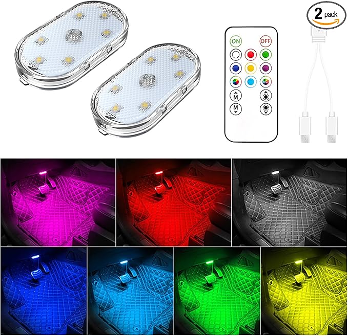 2 PCS Car Led Lights Interior,7 Colors Ambient Lighting Car Interior,USB Rechargeable Car Interior Reading Light,Portable Led Lights for Car