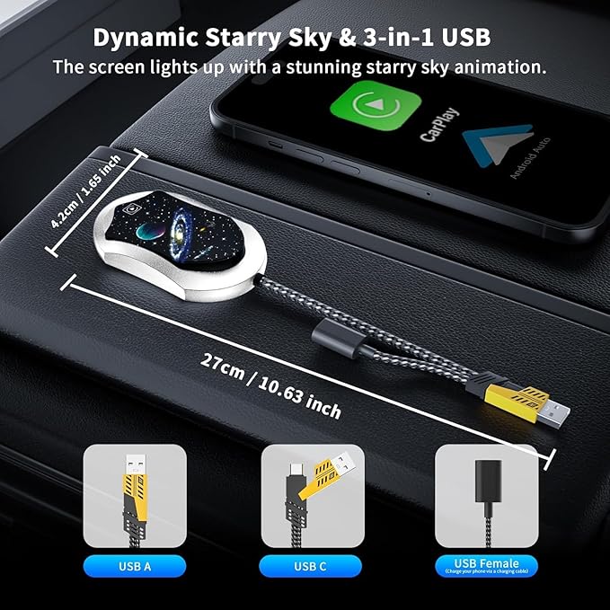 Wireless Android Auto & CarPlay Adapter, Plug and Play, No Lag, USB Type-A & C Support with Charging Port, Mini 3 in 1 Wireless Adapter Compatible with Cars with Wired CarPlay/Android Auto