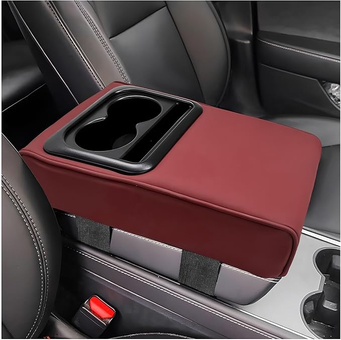 Car Center Console Armrest Pillow, Memory Foam Auto Armrest Box Cover with Cup Holder & Phone Holder, Waterproof Leather Arm Rest Protector Cushion, Interior Car Accessories (Wine Red)