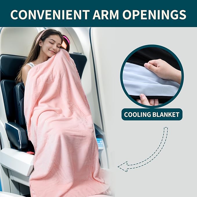 K.Garden Travel Cooling Blanket and Pillow- Soft 2 in 1 Airplane Compact Flight Essentials Car Pillow Travelers Gifts Accessories Compact Pack Blanket for Any Travel with Luggage Backpack Strap,Pink