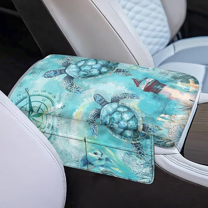 Dreaweet Vintage Sea Turtle Arm Rest Cover for Car Thick Center Console Cover Pad with Pockets Anti-Scratch Car Armrest Cover Cushion Center Console Armrest Replacement