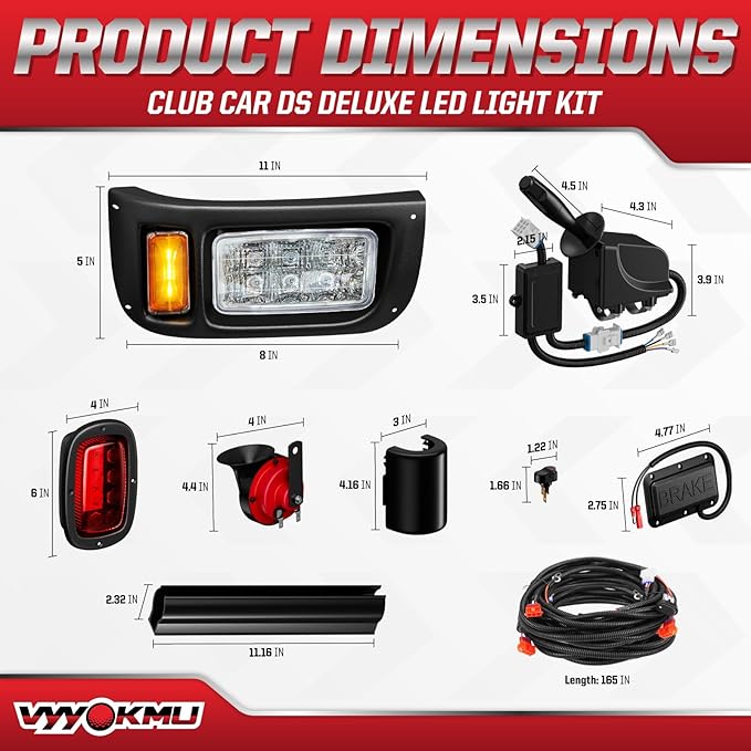Deluxe Club Car DS 12V LED Headlight Tail Light Kit, Club Car Headlight Taillight Kit for 1993-UP DS Gas&Electric, Golf Cart Street Legal light Kit with Turn Signal Kit Horn Brake Pad Wire Harness