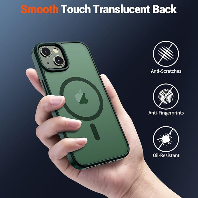 SUPFINE Magnetic for iPhone 14 Case & iPhone 13 Case (Compatible with MagSafe)(Military Grade Drop Protection) Slim Translucent Matte Shockproof Phone Cover,Forest Green