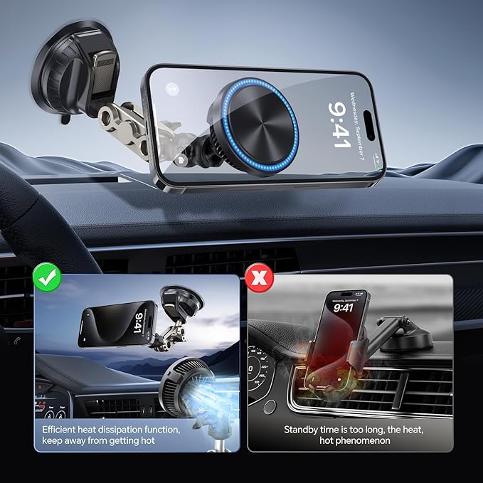 This Hill 15W Magnetic Wireless Car Charger Mount, Compatible with MagSafe, Phone Holder with 360° Suction Cup & Aluminum Alloy Telescopic Arm Compatible with iPhone 12-17 Series