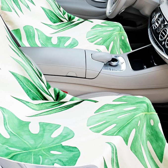 2 Pack Car Seat Towel Covers with Storage Bag 63 x 32 Inch Athletic Running Towel Seat Sweat Washable Non Slip Cover Gift for Car Outdoor Sport Activities (Monstera Lime)