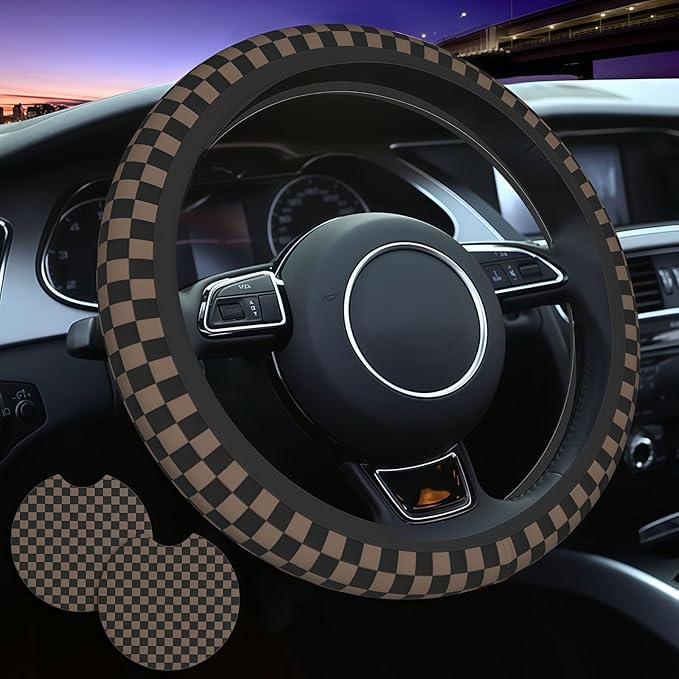 Checkered Black Brown Steering Wheel Cover Black Brown Checkered Steering Wheel Cover Anti-Slip Breathable Universal for 15 Inch Car with 2 Pieces Car Coasters Suitable