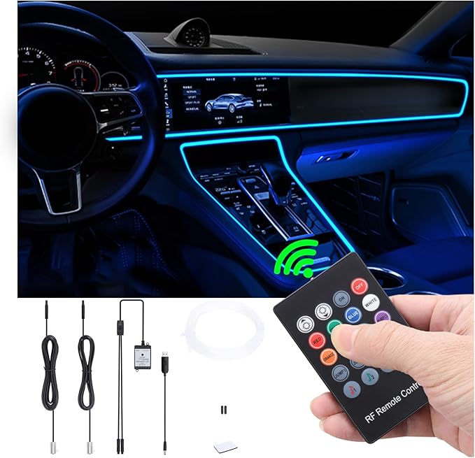 USB Car Ambient Lighting Optic Fiber 8 Colors Music Sound Active with RF Remote Control Car Decorative Atmosphere Lighting Kit DC 12V 1W 3m