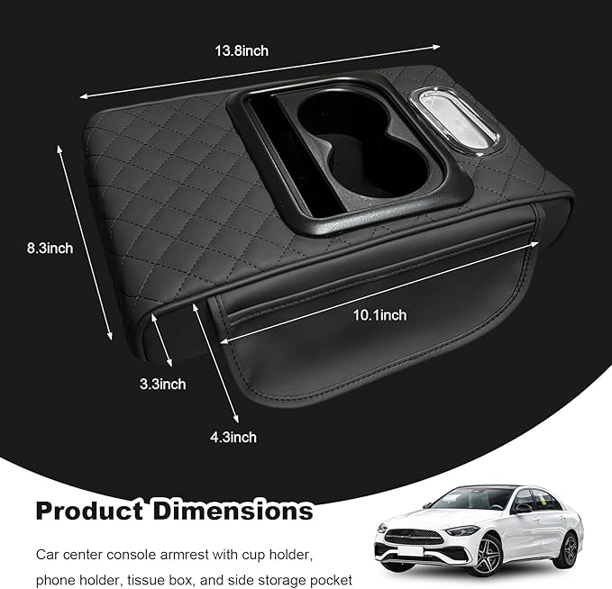 Car Center Console Armrest Pillow, Multifunctional Armrest Box Cover with Cup Phone Tissue Holder & Side Pockets, Waterproof Leather Middle Console Cushion for Most Vehicles (Black, Embroidered)