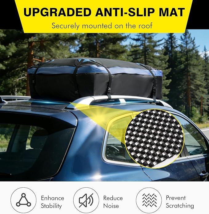 Cyfie Car Rooftop Cargo Carrier Bag, 15 Cubic Feet Waterproof Heavy Duty 420D Oxford Cloth Car Roof Luggage Cargo Storage Bag for All Vehicles with/Without Rack (Black and Blue)