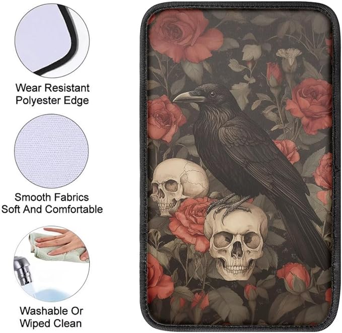 Crow Print Armrest Cover Pad for Car Skull Rose Print Center Console Cushion Pad Universal Decorative Car Armrest Box Protector Cover, Black
