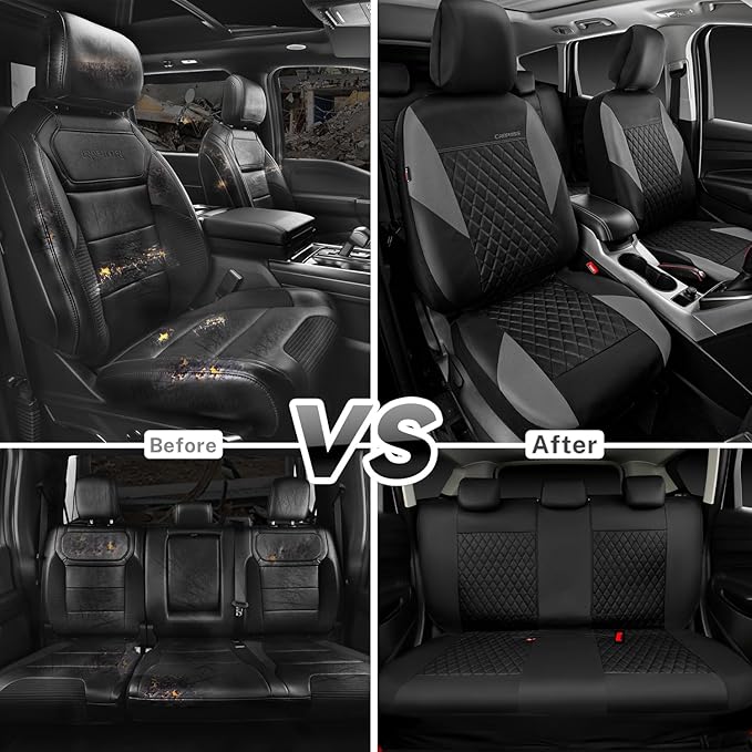 CAR PASS Quilting Leather Seat Covers Full Set,Universal Waterproof Deluxe PU Premium Car Seat Cover with 5mm Composite Sponge Inside,Airbag Compatible,Front and Rear Seat Cover for Sedan SUV Van,Gray