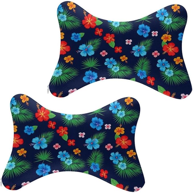 Office Neck Pillow, Compatible with Hawaiian Colorful Hibiscus Flowers Tropical Palm Tree Leaves Head Chin Supporting Cushion for Sleeping, Nap, Rest, Memory Foam Airplane Pillow Car Pillow