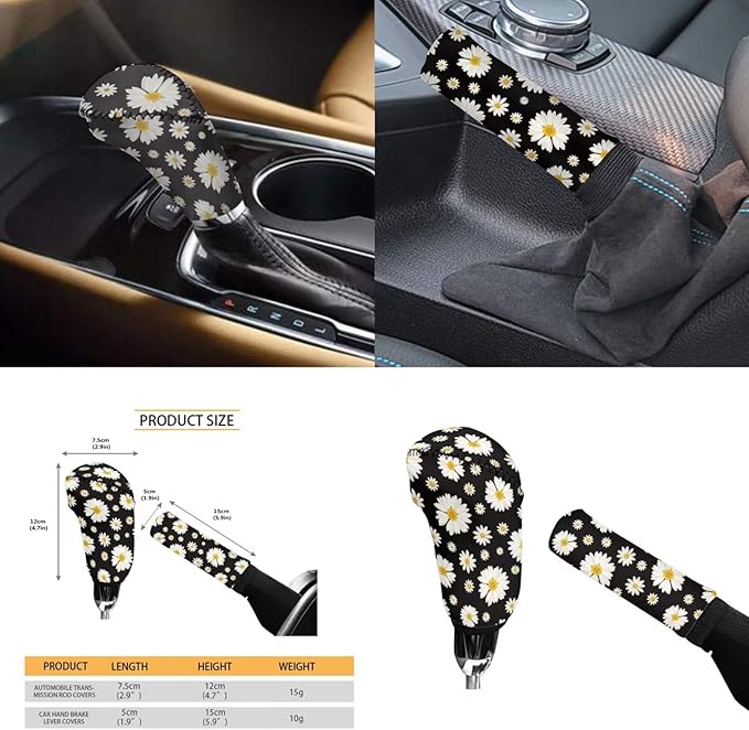 Daisy Flower Car Steering Wheel Cover Set for Women Girl White Flower Handbrake Cover Cup Coaster Armrest Cover Fits Most Cars Trucks Vans and SUV