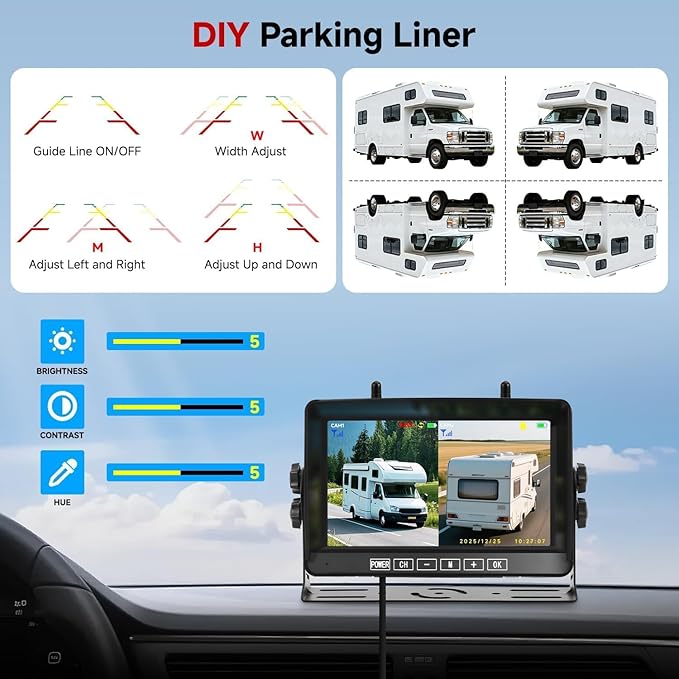 Dual Wireless Magnetic Backup Camera for Trailer - 7” 1080P HD 4CH Monitor with Solar 15000mAh Rechargeable Night Vision Rear Camera, DVR Loop Recording Waterproof No Delay for Truck,RV,Camper