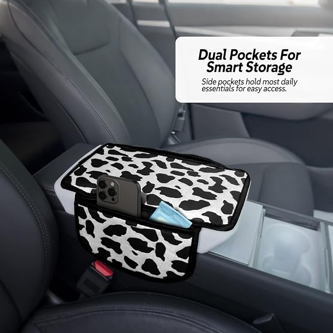 Cow Print Armrest Cover with 2 Side Pockets & Storage Bags, Cute Cow Car Decor,Center Console Cover Pad Organizer, Cow Pattern Cushion Mat,Interior Accessories for Most Vehicles (Black)
