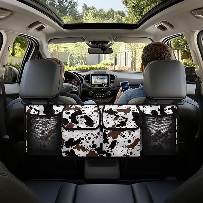 Cow Print Car Organizers and Storage Trunk Backseat Hanging Cargo Storage Bag with 2 Large Net Pockets 2 Magnetic Cover Foldable Capacity Car SUV Organizer